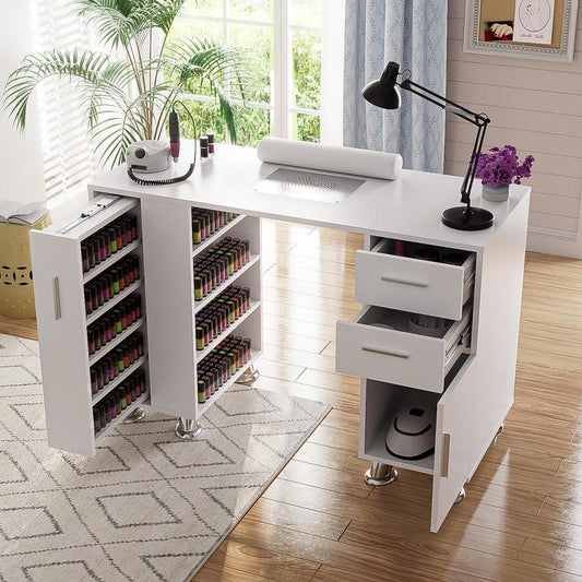 Nail Tech Table with Dust Collector and Wrist Cushion, Manicure Table Nail Desk Station with 1 Storage Cabinet, 2 Drawers and 4-Tiers Open Shelves, Nail Supplies Workstation Nail Table for Nail Tech