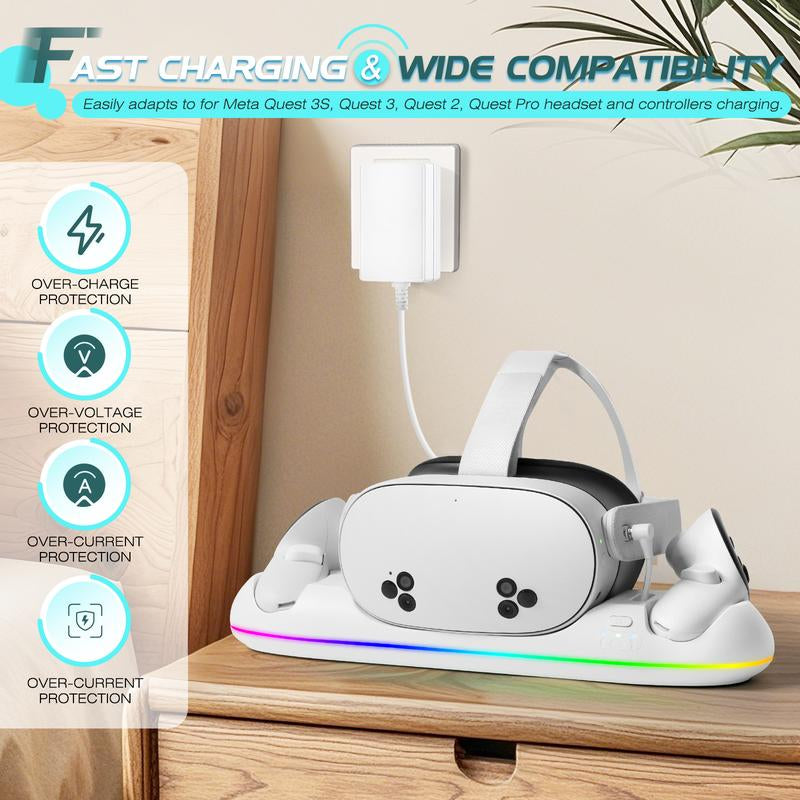 HURRA Charging Dock for Meta Quest 3S/Quest 3/Quest 2/Quest Pro, Fast Charging Station with LED Indicator/Magnetic Charging Headset & Controllers, 2 Rechargeable Batteries, USB-C Charger & Cable