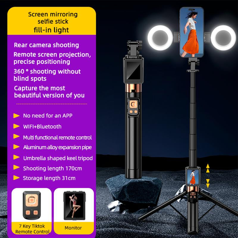 2025 New 5 in 1 Projection Rear Camera Selfie Stick ,With Selfie Monitor Screen,With Brush Tiktok Bluetooth Remote Control Scrolling ,With 2Pcs LED Fill Lights ,Maxinum Extend to 66.93 Inches , Phone Tripod, Content Creator Tools