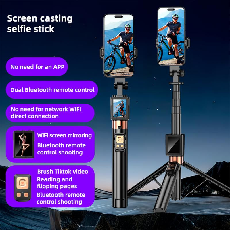 2025 New 5 in 1 Projection Rear Camera Selfie Stick ,With Selfie Monitor Screen,With Brush Tiktok Bluetooth Remote Control Scrolling ,With 2Pcs LED Fill Lights ,Maxinum Extend to 66.93 Inches , Phone Tripod, Content Creator Tools