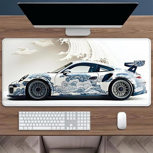 Ocean Wave & Racing Car Pattern Mouse Pad, 1 Count Large Gaming Desk Mat with Non-Slip Rubber Base, Keyboard Accessories, Large Desk Mouse Pad, Perfect for E-Sports and Office Use, Anime Mousepad