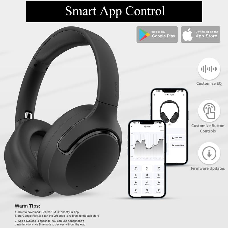 T-Fun NC50 Hybrid ANC Wireless Headphones, Built-In Mic, Low Latency,Be Aware of Safety Mode,Custom EQ, Over-Ear, Android/Iphone