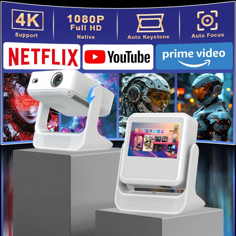 [US Warehouse] Aepuosem A2Pro 4K UHD Projector, 8-Inch Touch Tablet, Native 1080P, Auto Focus and Obstacle Avoidance, HIFI Speaker, Android 12, Wifi 6, Bluetooth Connection, 180° Rotation, Comes with Remote Control, Suitable for Games, Movies and Gifts.