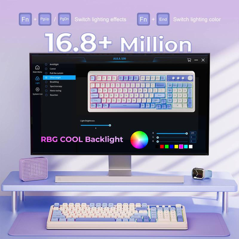 AULA S99 Key Keyboard, Tri-Mode Bluetooth/2.4Ghz/Usb-C Cute Creamy Gaming Keyboard with Number Pad RGB Backlit, Media Knob Custom for MAC Xbox PC Gamer Valentine'S Day Gift