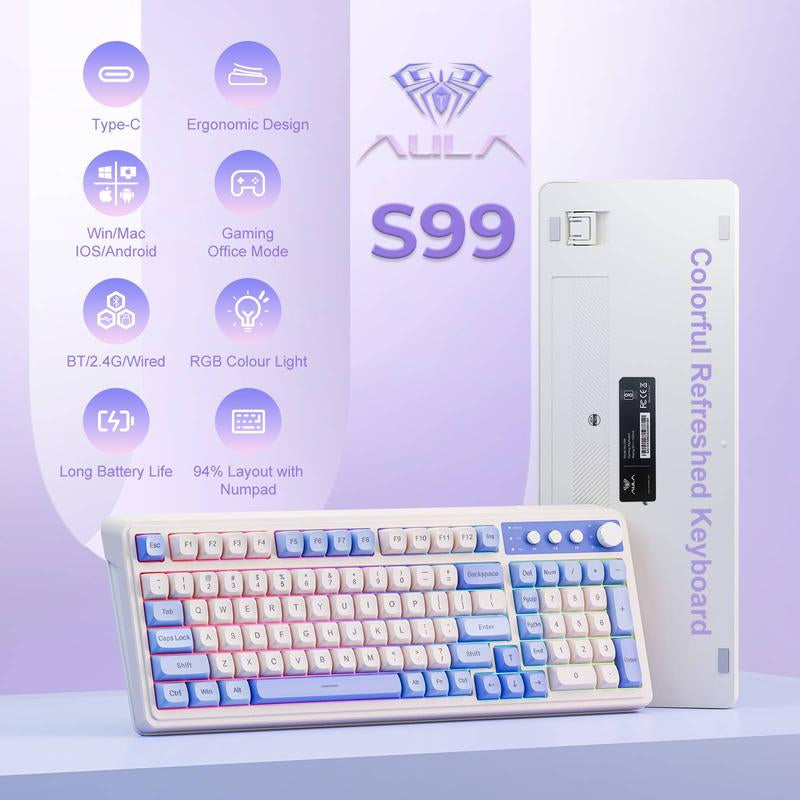 AULA S99 Key Keyboard, Tri-Mode Bluetooth/2.4Ghz/Usb-C Cute Creamy Gaming Keyboard with Number Pad RGB Backlit, Media Knob Custom for MAC Xbox PC Gamer Valentine'S Day Gift